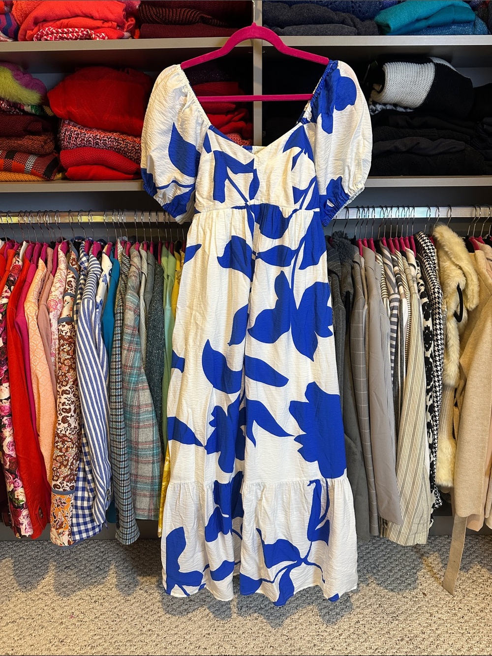 Nine West white/blue floral short puff sleeve smocked v neck midi dress size XS